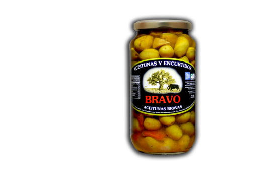 Green olives with pits in spicy “Bravas” marinade