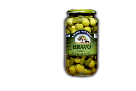 Kimbo – pitted green olives stuffed with cornichons